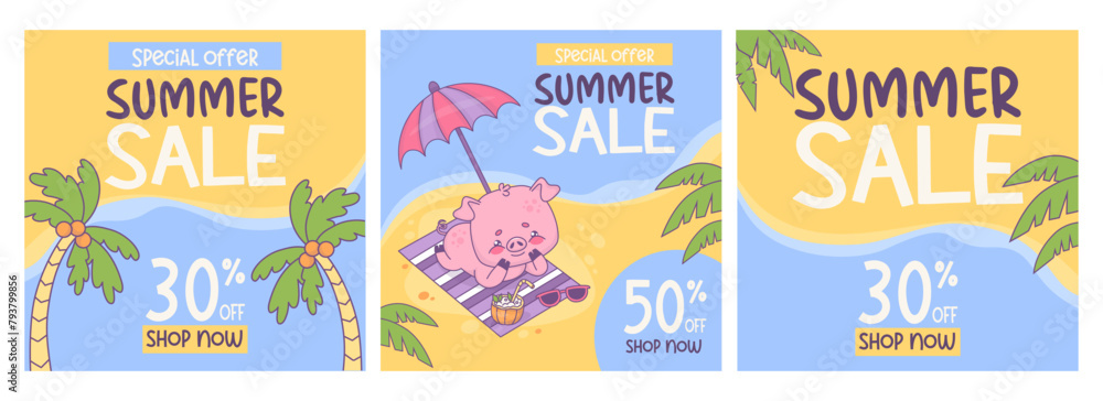 Summer sale square cards with smiling pig sunbathing resting under sun umbrella and palm trees. Funny relaxing cartoon animal character. Isolated gift discount shopping posters. Vector illustration