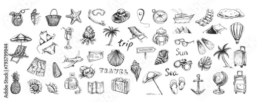 Hand-drawn sketch set of travel icons. Tourism and camping adventure icons. Сlipart with travelling elements, bags, transport, map, palm, seashells, bikini.