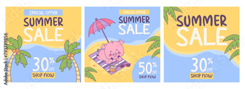 Summer sale square cards with smiling pig sunbathing resting under sun umbrella and palm trees. Funny relaxing cartoon animal character. Isolated gift discount shopping posters. Vector illustration