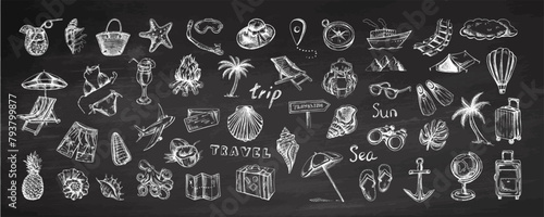 Hand-drawn sketch set of travel icons. Tourism and camping adventure icons on chalkboard background. Сlipart with travelling elements, bags, transport, seashells, bikini.
