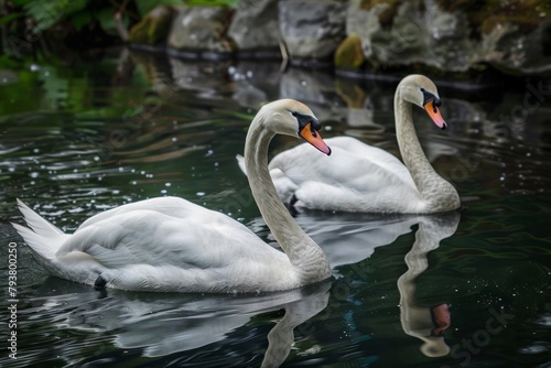 Two swans swimming in the pond