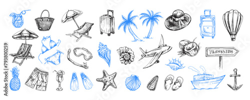 Hand-drawn sketch set of travel icons. Sea Tourism and adventure icons. Сlipart with travelling elements, transport, palm, seashells, luggage, beach, diving equipment. photo