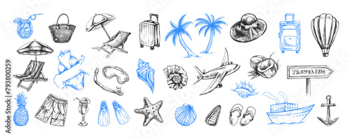 Hand-drawn sketch set of travel icons. Sea Tourism and adventure icons. Сlipart with travelling elements, transport, palm, seashells, luggage, beach, diving equipment.