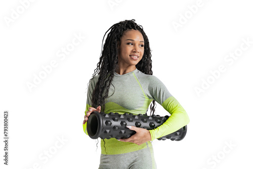 Curly haired female trainer in workout clothes, cut out