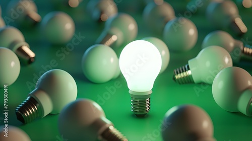 A 3D rendering of an energy-saving lightbulb stands out brightly among unlit incandescent bulbs against a green background, symbolizing uniqueness and innovative thinking