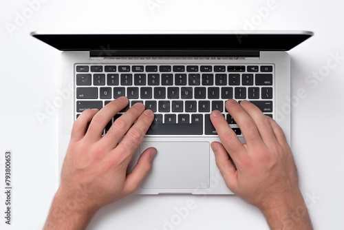Hands writing on computer keyboard with white background. Seen from above. Top view. Topics related to the business world. Computer related topics. Image for graphic designer. Telework. Coworking. Han