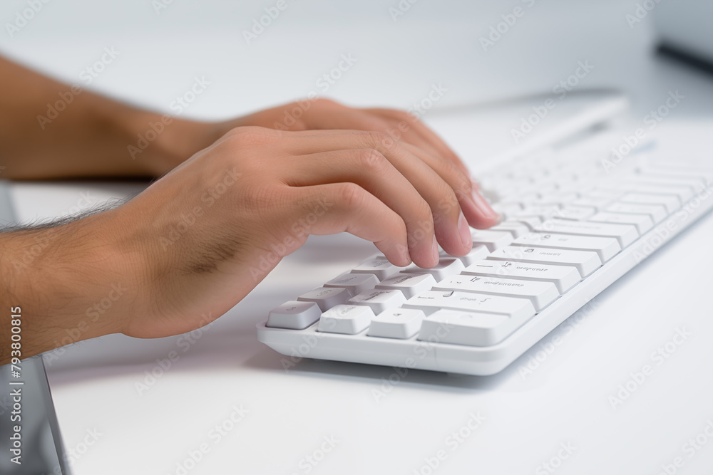 Hands writing on computer keyboard with white background. Topics related to the business world. Computer related topics. Image for graphic designer. Telework. Coworking. Hands and computer. Computer w Hands writing on computer keyboard with white background. Topics related to the business world. Computer related topics. Image for graphic designer. Telework. Coworking. Hands and computer. Computer w
