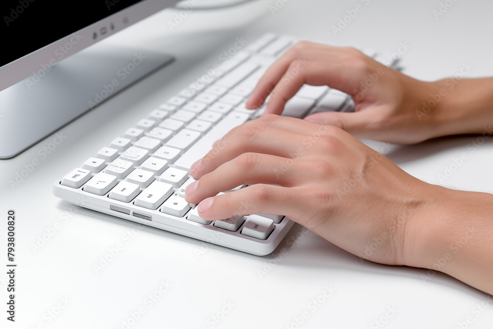 Hands writing on computer keyboard with white background. Topics related to the business world. Computer related topics. Image for graphic designer. Telework. Coworking. Hands and computer. Computer w Hands writing on computer keyboard with white background. Topics related to the business world. Computer related topics. Image for graphic designer. Telework. Coworking. Hands and computer. Computer w