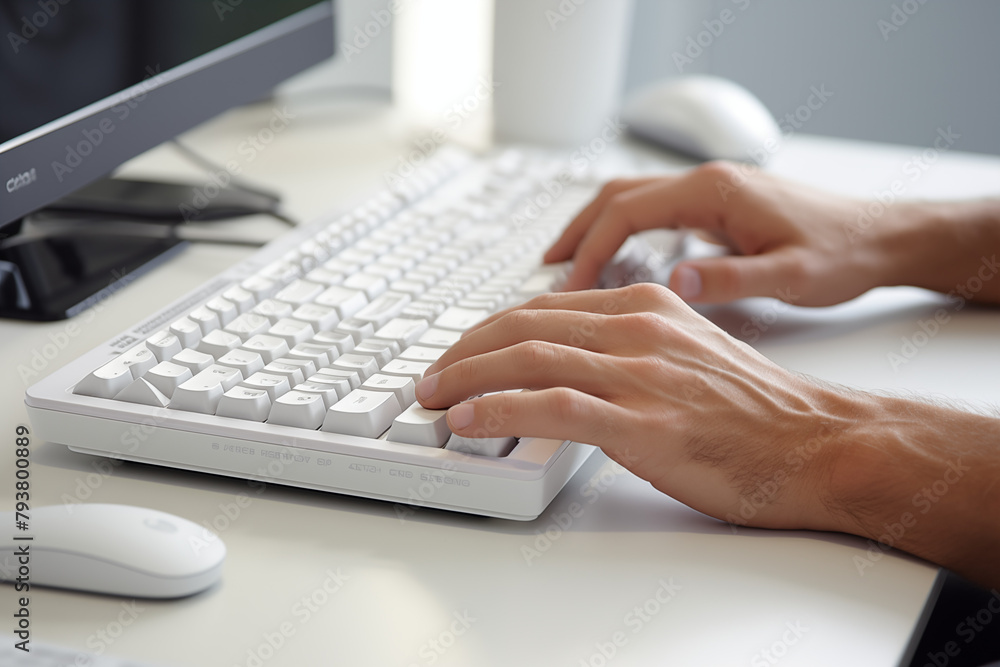 Hands writing on computer keyboard with white background. Topics related to the business world. Computer related topics. Image for graphic designer. Telework. Coworking. Hands and computer. Computer w Hands writing on computer keyboard with white background. Topics related to the business world. Computer related topics. Image for graphic designer. Telework. Coworking. Hands and computer. Computer w