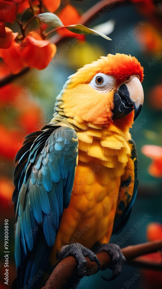Obraz premium colorful parrot, perched on a vibrant tropical tree, mimicking sounds, in a lush rainforest, atmosphere of exoticism and color, closeup photography style, avoid showing caged environments