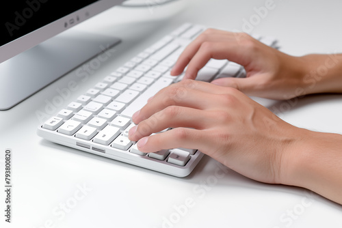 Hands writing on computer keyboard with white background. Topics related to the business world. Computer related topics. Image for graphic designer. Telework. Coworking. Hands and computer. Computer w