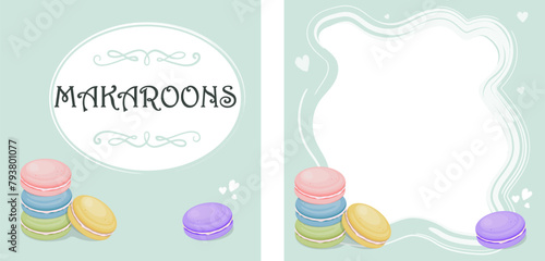 Colorful French macaroons on a mint background for banners, cards, flyers, social media, etc.