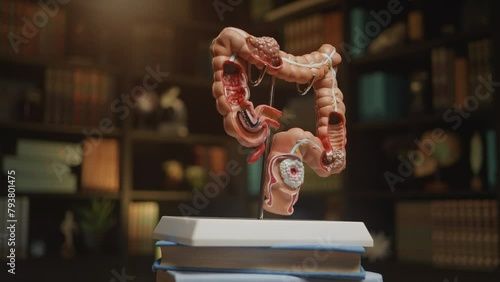 Large Intestine rotating model at the library on a stack of books, dark scene, corner with book shelves. Part of digestive system shown to explain details of anatomy and physiology. HQ 4k footage photo