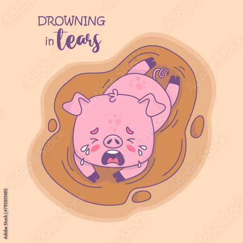 Unhappy little pig lying in muddy puddle. Vector illustration. Card with cool funny cartoon kawaii animal. Kids collection