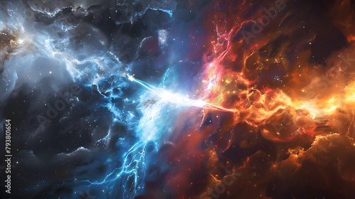 Two electric discharges of different colours meet in a galaxy. Hyperrealistic.