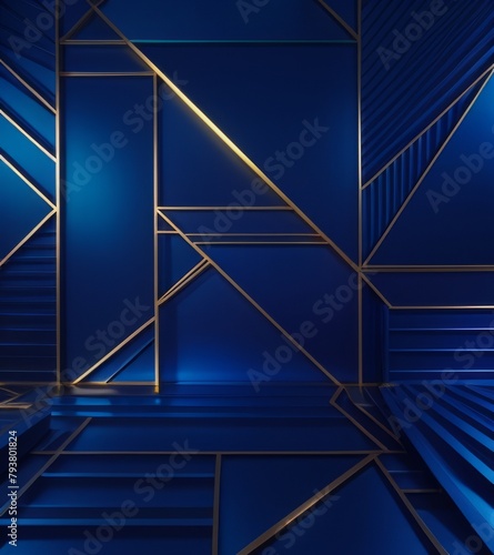 A blue geometric pattern with gold lines, set against an indigo background.