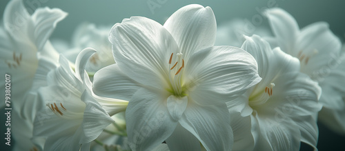 White lily flower blossom close up. Summer flower banner, background, wallpaper. Spring nature theme. 