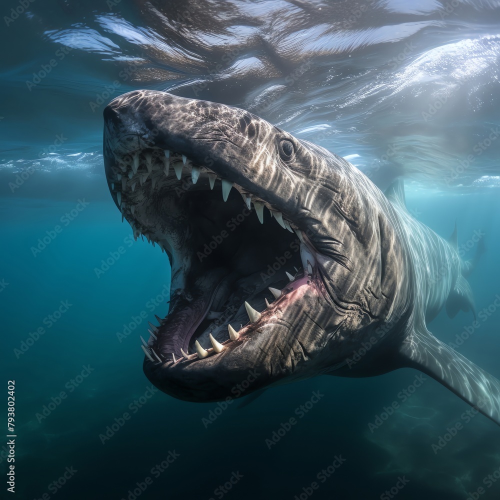 basking shark, swimming with its mouth wide open, in the deep blue sea ...