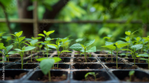 Young  green plant seedlings growing in brown soil-filled trays  symbolizing new life and sustainable agriculture.