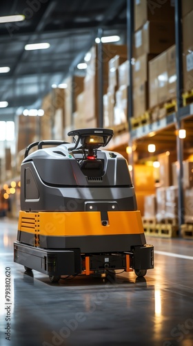 automated guided vehicle, transporting materials in an industrial warehouse, atmosphere of efficiency and automation, industrial photography style, avoid showing people © Phawika