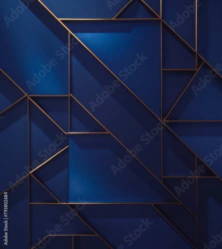 A blue geometric pattern with gold lines, set against an indigo background.