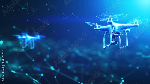 Digital wireframe of drones flying
