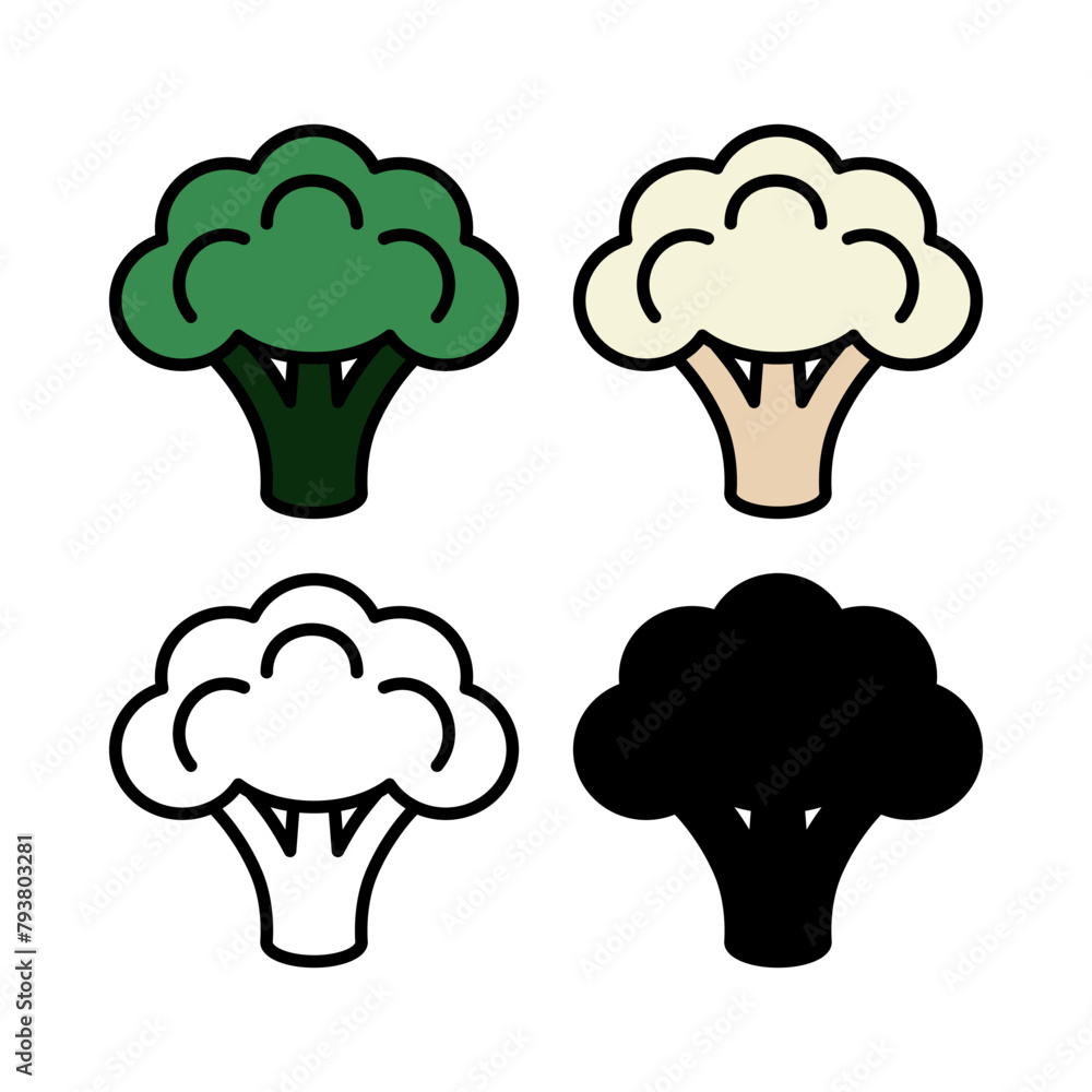 Broccoli and cauliflower set. Colored cabbage icons. Silhouette and outline. Delicious and healthy vegetables. Vegitarianism. Vector illustration.