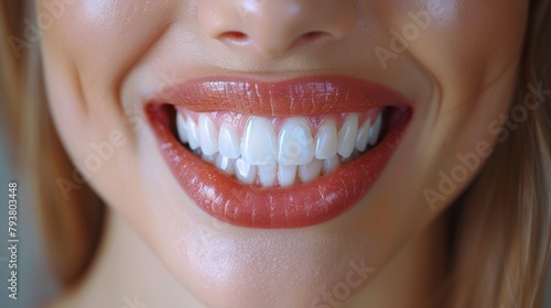 A close-up of a woman s healthy gums on a gray background