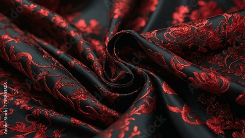 Close-up of rich textured red and black floral patterned silk fabric, conveying luxury and elegance