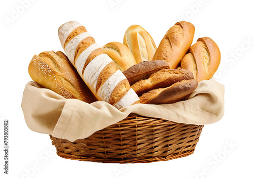 Wicker basket full of various bread loaves isolated cutout on transparent or white background.