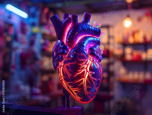 Radiant Anatomical Heart with Glowing Pharmaceutical Highlights in Moody Atmosphere
