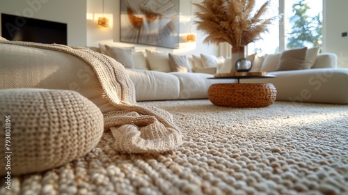 This stylish living room features a beige carpet, a coffee table, and a sofa, with a low angle view.