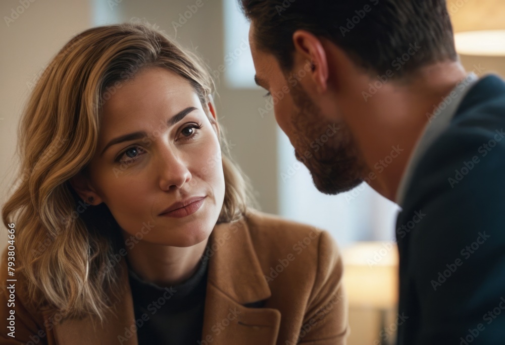 A woman and a man engaged in a close conversation. Emotional connection and communication. A woman and a man engaged in a close conversation. Emotional connection and communication.
