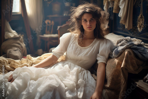 Portrait of a pensive 18th or 19th century woman in an elegant dress sitting on a bed in a bedroom. AI generated. photo