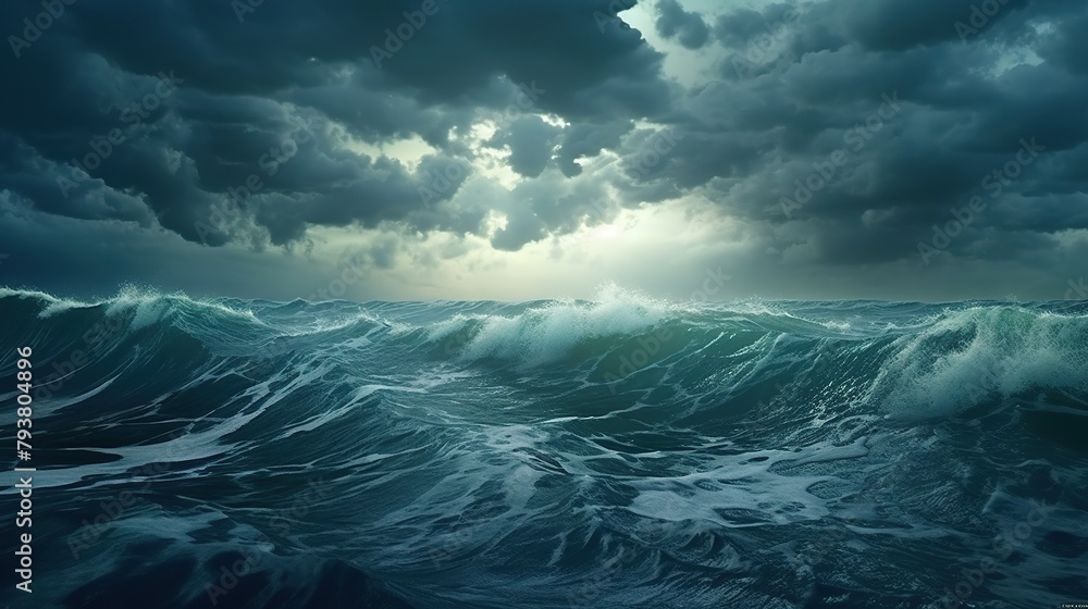 Amazing wave of sea water with dark stormy sky, scary ocean, sea hunted clouds and mystery gloomy dark theme concept.