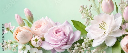 Tender pink and green floral wedding copyspace background decorated for Women's day and love concept