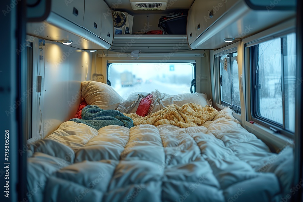 Truck Driver's Rig Comfortable Sleeper Berth A close-up of a ...