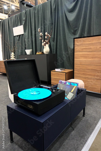 Retro vinyl record player in the interior of the room.