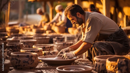 A skilled man carefully molds clay on a spinning wheel in a cozy pottery shop