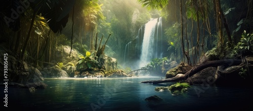 Waterfall amidst lush jungle foliage