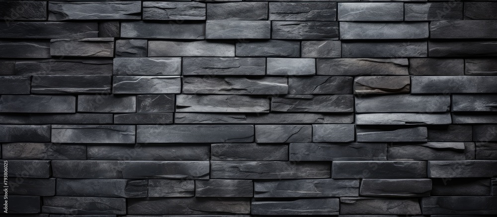 Close-up of textured black stone wall blocks