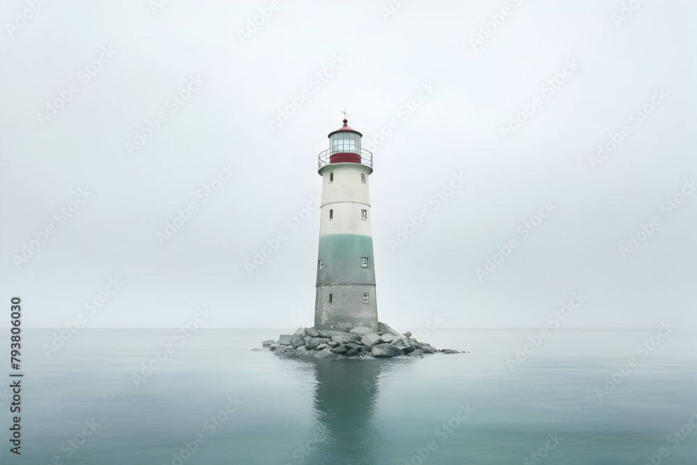 Lighthouse in a foggy sea show the direction - loneliness and hope concept Lighthouse in a foggy sea show the direction - loneliness and hope concept