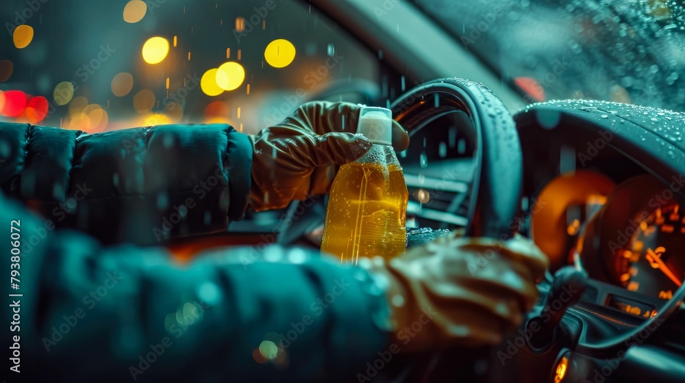 visual representation of our signature scent application, with a technician using a specialized diffuser to infuse a clean and refreshing fragrance into a car's interior after thorough cleaning