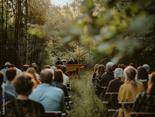 Worshipers gather in a serene outdoor setting to hold a church service surrounded by nature.