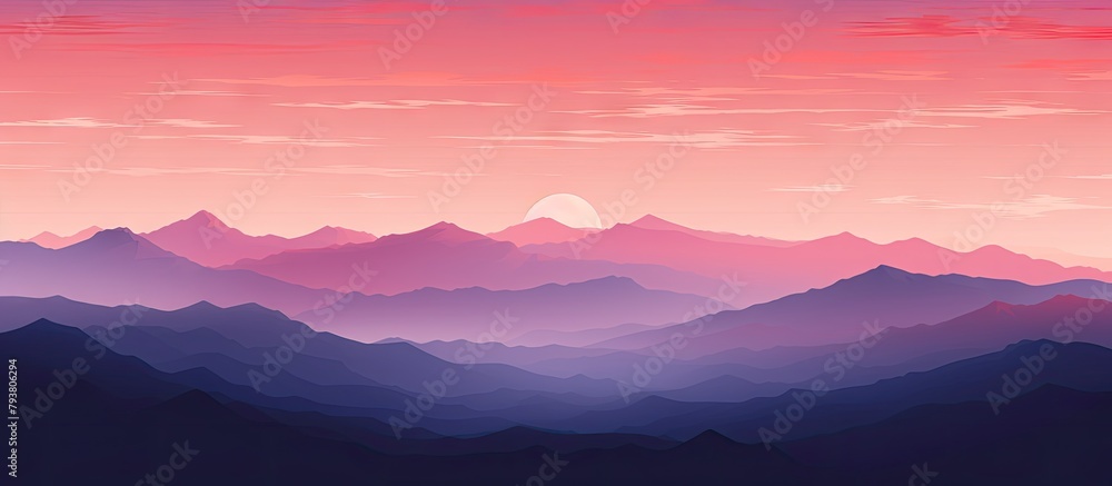 A pink sunset behind mountain range with pink sky
