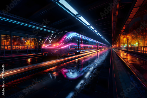 Fast train in the night light  in the neon light.