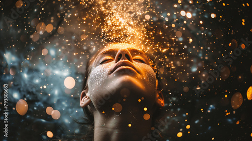 Fantasy portrait of a girl with closed eyes and magic light in the background