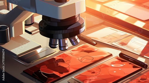 A dermatologist examining skin samples under a microscope, in a dermatology clinic, precise and educational, highdetail digital illustration, exclude unpleasant skin conditions photo