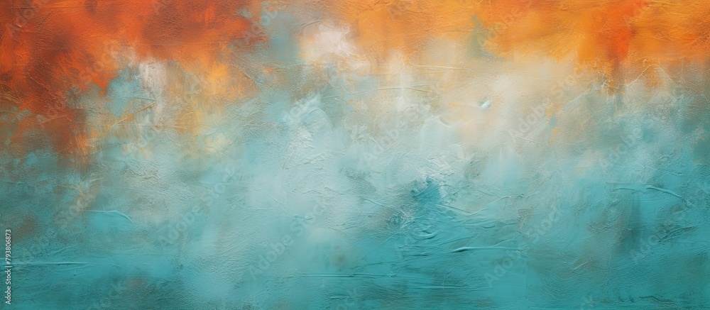 Abstract painting of a sky in blue and orange hues with clouds