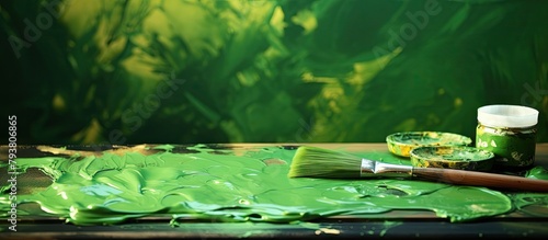 A paintbrush and paint can on a table photo